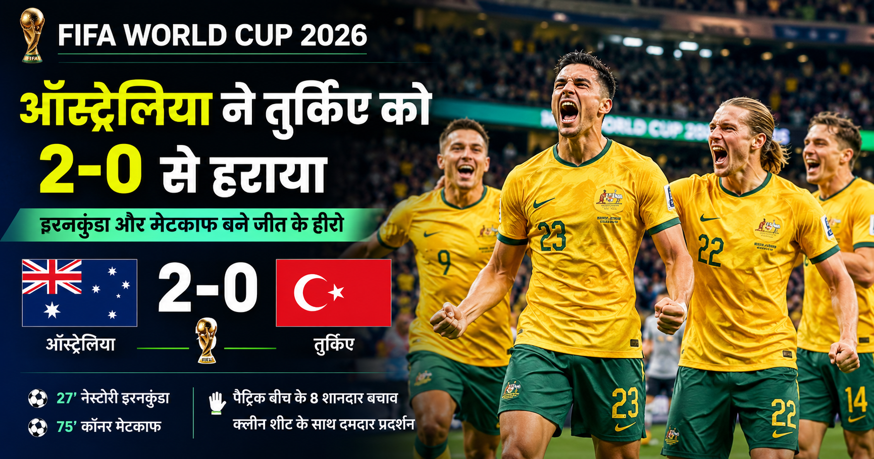 FIFA World Cup 2026: ऑस्ट्रेलिया ने तुर्किए को 2-0 से हराया, इरनकुंडा और मेटकाफ बने जीत के हीरो