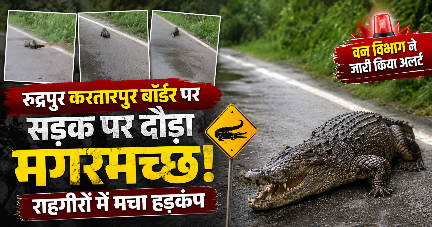 रुद्रपुर करतारपुर बॉर्डर पर सड़क पर दौड़ा मगरमच्छ, राहगीरों में मचा हड़कंप; वन विभाग का अलर्ट जारी